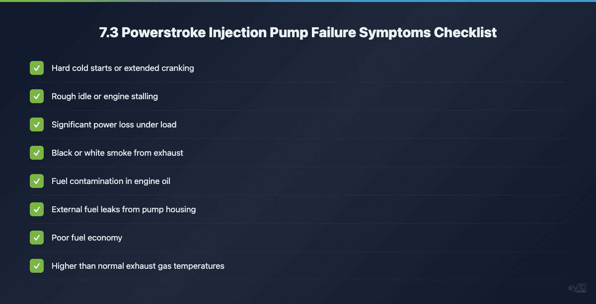 Checklist of common 7.3 Powerstroke injection pump failure symptoms including starting problems, performance issues, and fuel system symptoms