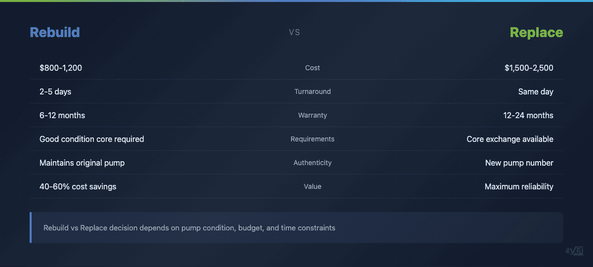 Comparison table showing cost, turnaround time, warranty, and other factors between rebuilding vs replacing a 7.3 Powerstroke injection pump