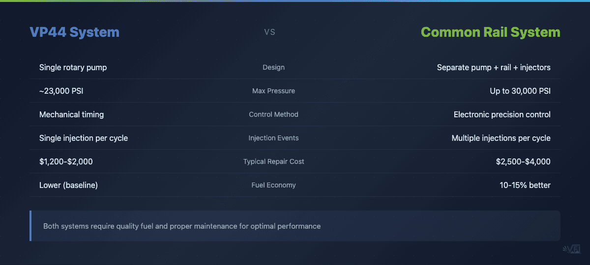 Side-by-side comparison table showing key differences between VP44 and Common Rail diesel injection systems including design, pressure, control methods, and costs