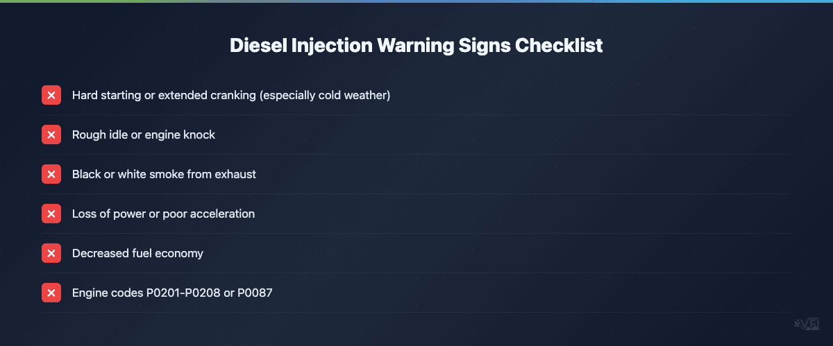 Checklist of diesel injection system warning signs including hard starting, rough idle, smoke, power loss, poor fuel economy, and engine codes