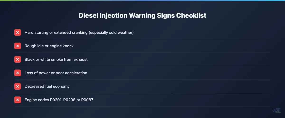 Checklist of diesel injection system warning signs including hard starting, rough idle, smoke, power loss, poor fuel economy, and engine codes