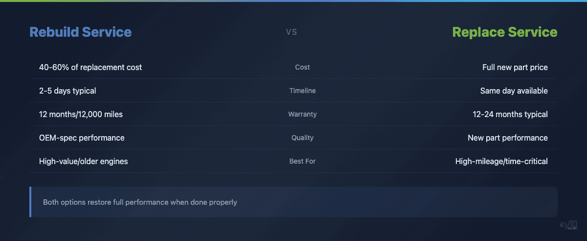 Comparison table showing rebuild versus replace options for diesel injection service, covering cost, timeline, warranty, quality and best applications