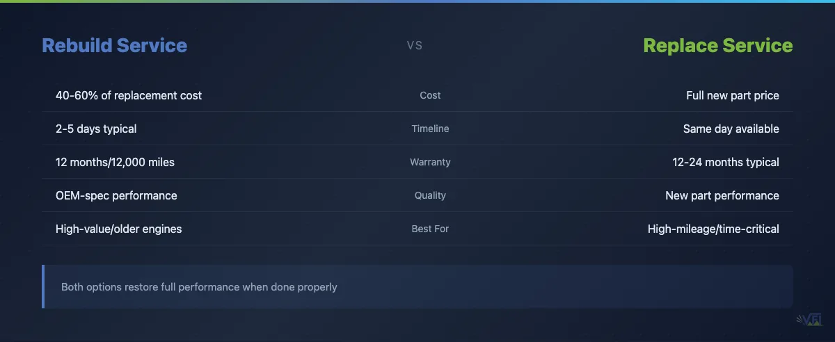 Comparison table showing rebuild versus replace options for diesel injection service, covering cost, timeline, warranty, quality and best applications