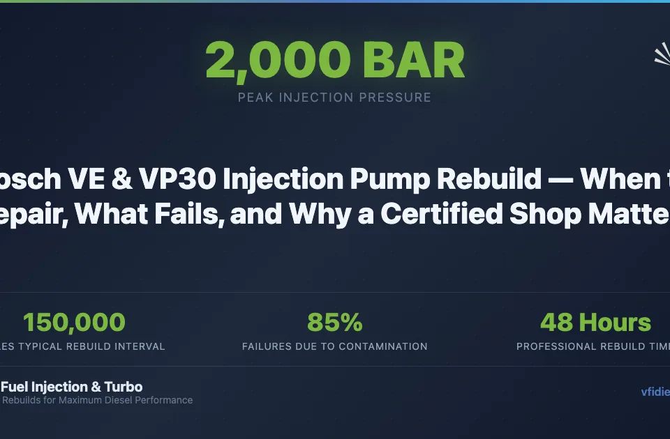 Bosch VE and VP30 injection pump rebuild guide infographic — when to repair and what commonly fails