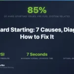 Diesel hard starting causes and diagnosis infographic — 7 causes including glow plugs, fuel pressure, and compression