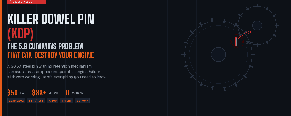 Killer Dowel Pin KDP diagram for 5.9L Cummins 12-valve engine — timing gear illustration showing the dowel pin location that can cause catastrophic engine failure