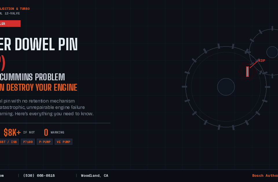 Killer Dowel Pin KDP diagram for 5.9L Cummins 12-valve engine — timing gear illustration showing the dowel pin location that can cause catastrophic engine failure