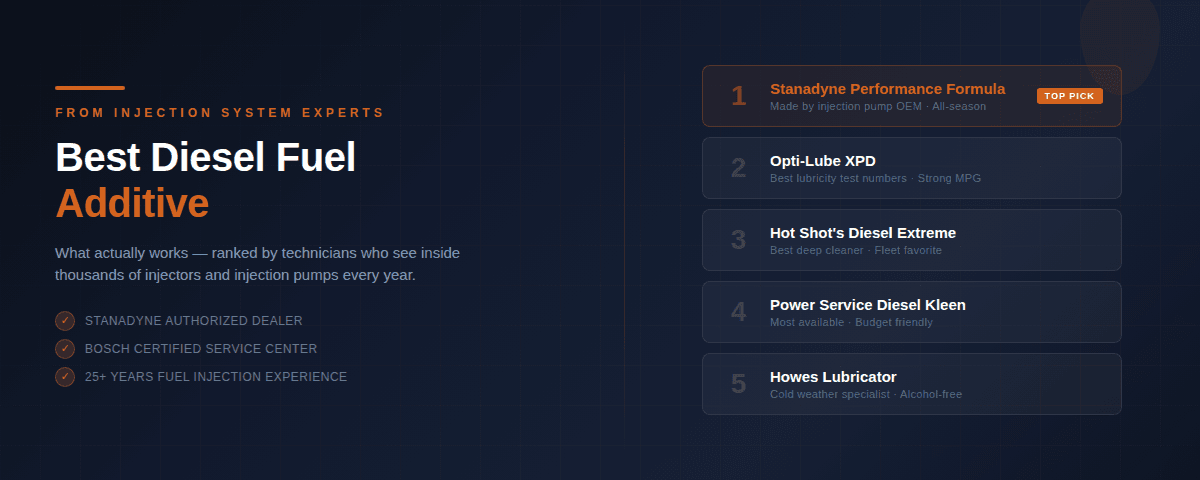 Best diesel fuel additive rankings - Stanadyne Performance Formula, Opti-Lube, Hot Shot's, Power Service, Howes compared by injection experts