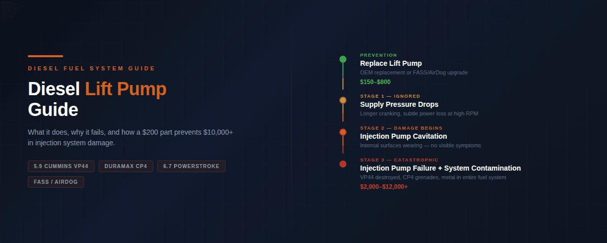 Diesel lift pump failure cascade - $150-$800 prevention vs $2,000-$12,000 injection pump failure