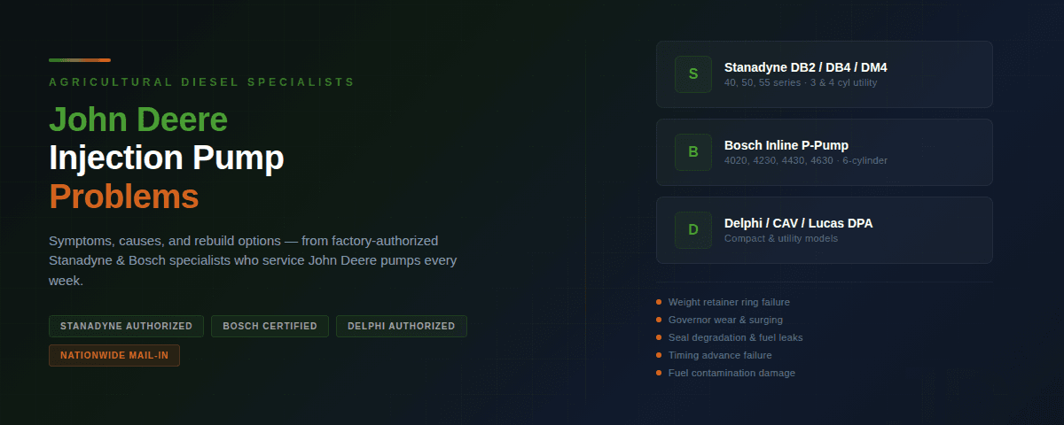 John Deere injection pump problems - Stanadyne DB2 DB4, Bosch inline, Delphi pumps diagnosed and rebuilt by factory-authorized specialists