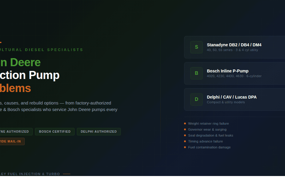 John Deere injection pump problems - Stanadyne DB2 DB4, Bosch inline, Delphi pumps diagnosed and rebuilt by factory-authorized specialists