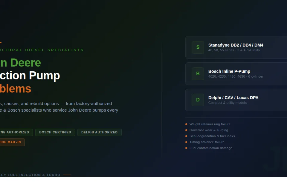 John Deere injection pump problems - Stanadyne DB2 DB4, Bosch inline, Delphi pumps diagnosed and rebuilt by factory-authorized specialists