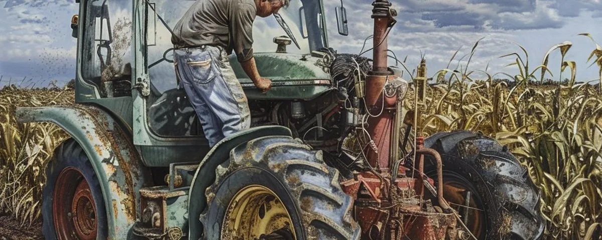 Farmer working on diesel injection pump on tractor engine in agricultural field