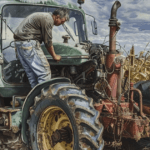 Farmer working on diesel injection pump on tractor engine in agricultural field