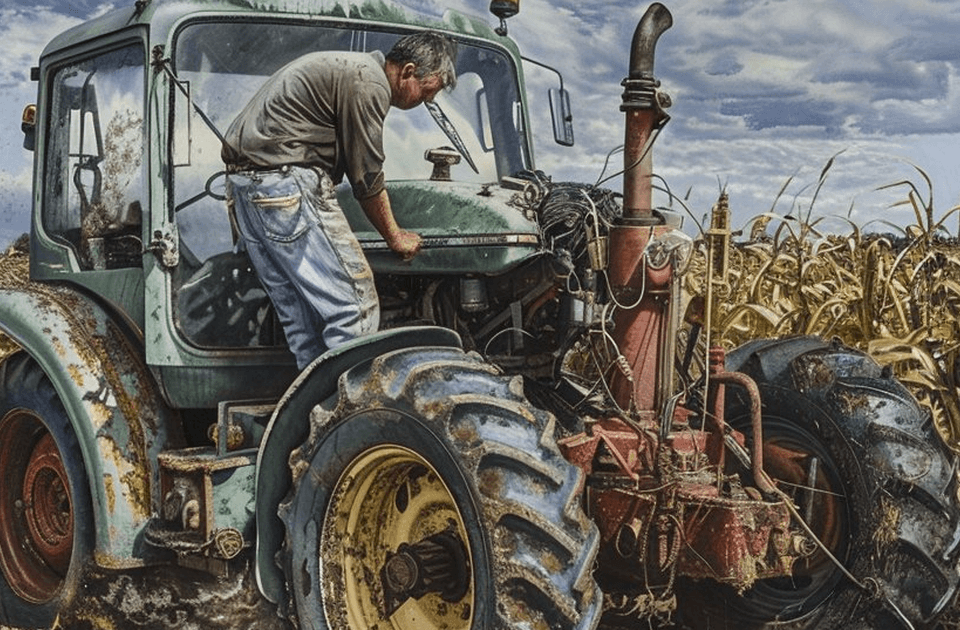 Farmer working on diesel injection pump on tractor engine in agricultural field
