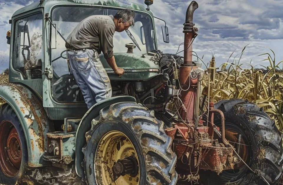 Farmer working on diesel injection pump on tractor engine in agricultural field