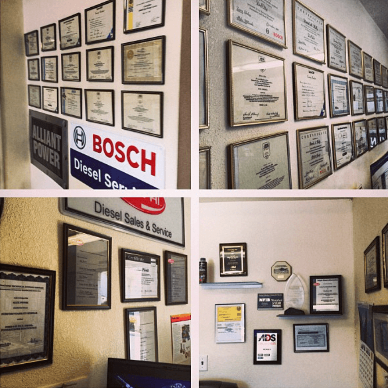 Factory certifications and authorized dealer awards displayed on VFI office wall