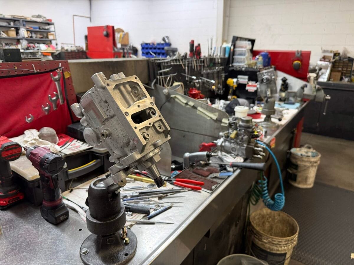Bosch VP44 injection pump mounted on a rebuild fixture at Valley Fuel Injection