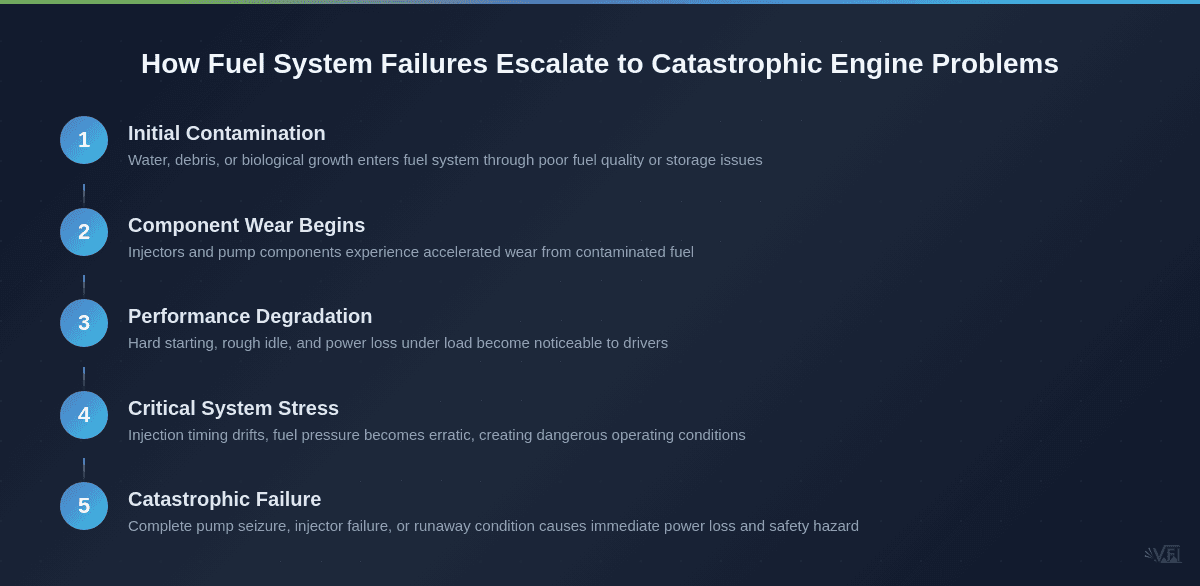 Process diagram showing the 5-stage escalation from fuel contamination to catastrophic diesel engine failure