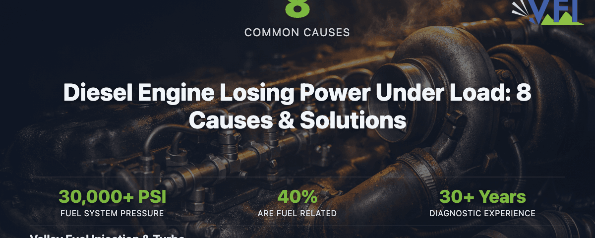 Diesel engine components with dramatic lighting — 8 causes of power loss under load guide by Valley Fuel Injection