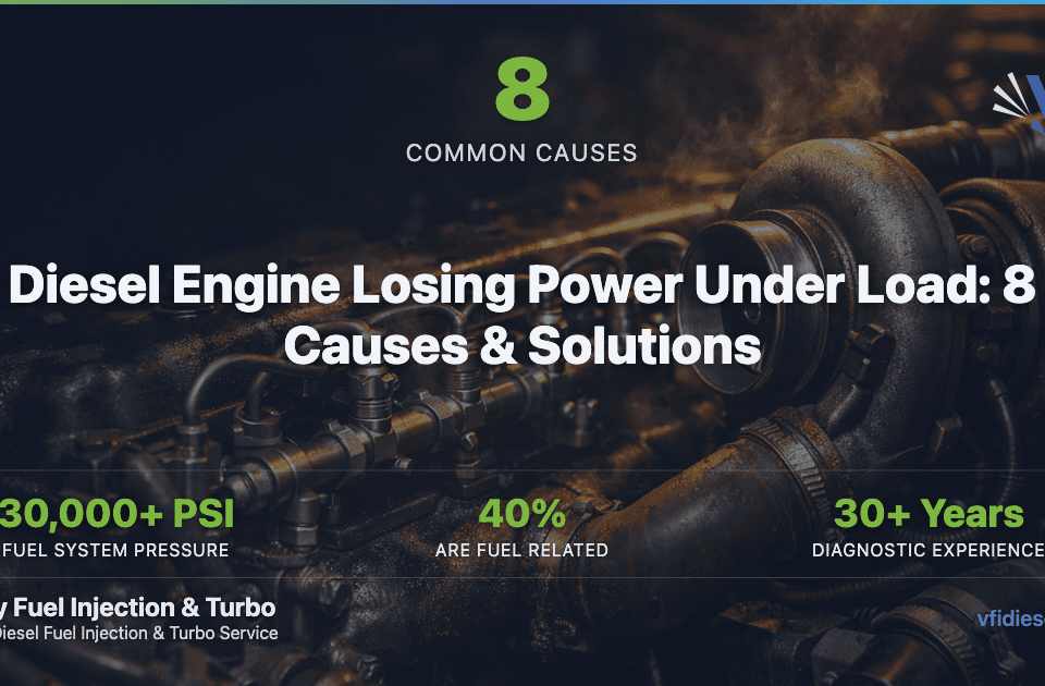 Diesel engine components with dramatic lighting — 8 causes of power loss under load guide by Valley Fuel Injection