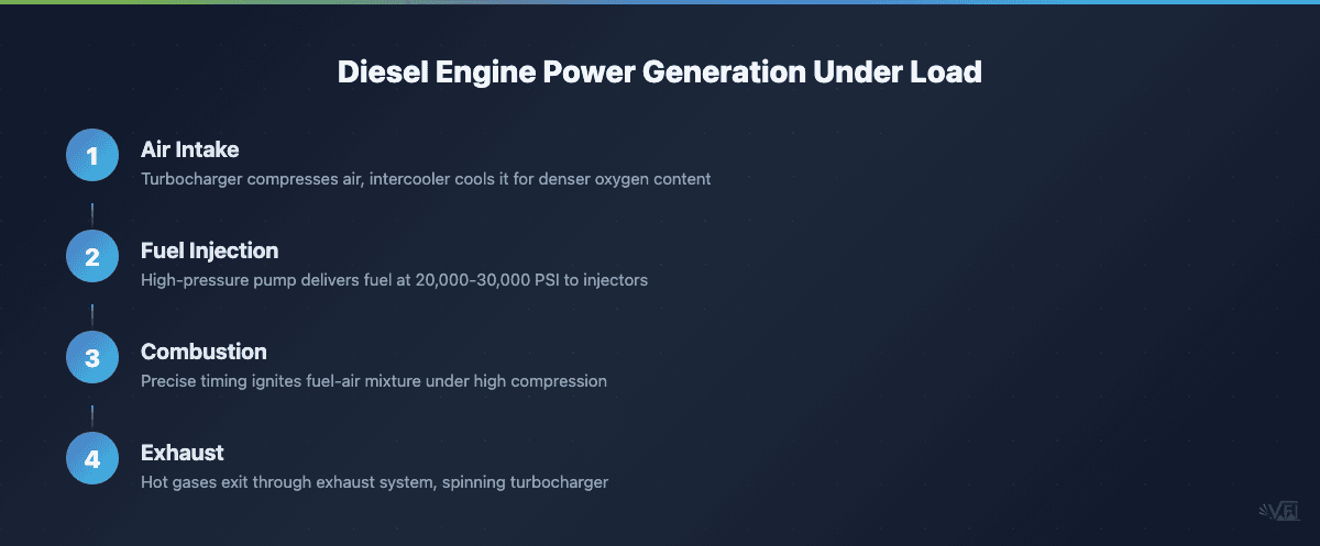 Diagram showing diesel engine power generation process and common failure points that cause power loss under load