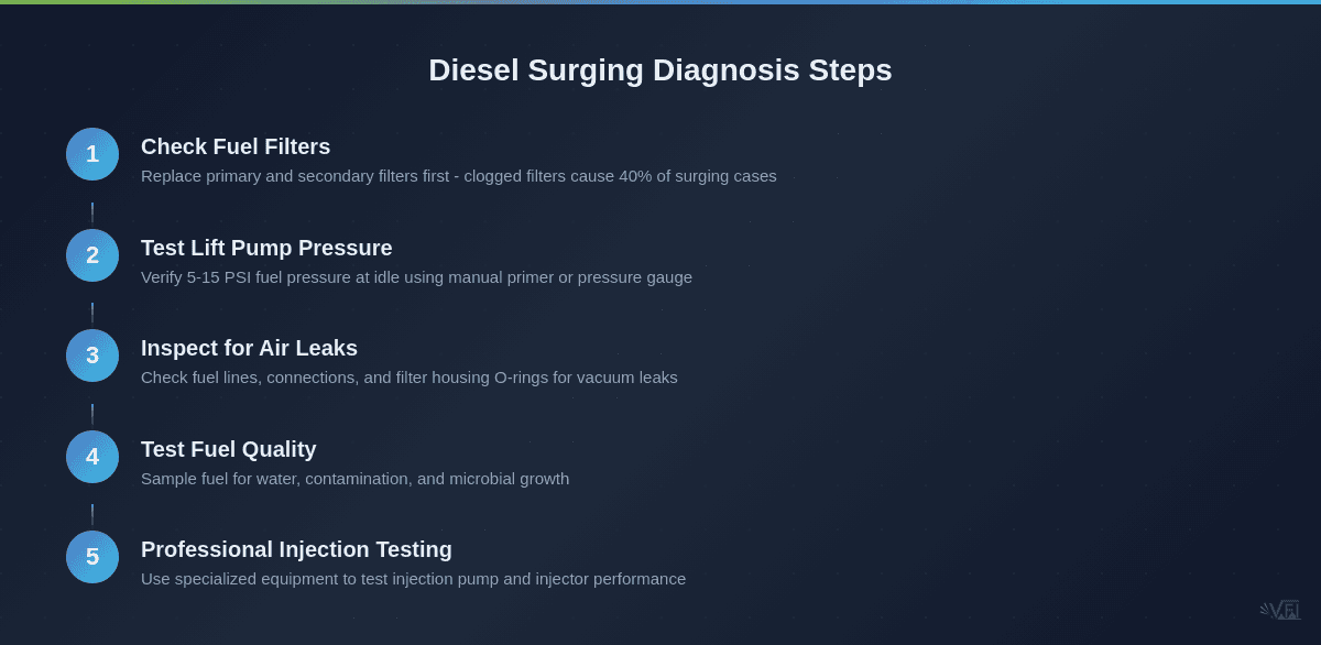 Step-by-step diagnostic process for diesel engine surging at idle, showing the systematic approach from basic fuel system checks to professional injection testing