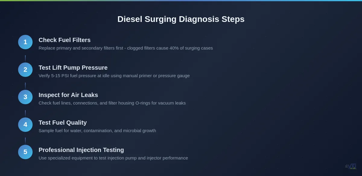 Step-by-step diagnostic process for diesel engine surging at idle, showing the systematic approach from basic fuel system checks to professional injection testing