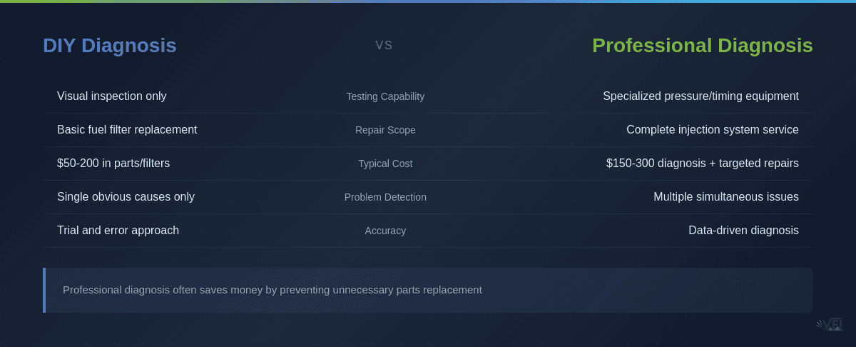 Comparison table showing the differences between DIY and professional diagnosis approaches for diesel surging problems, highlighting the advantages of professional testing equipment and expertise