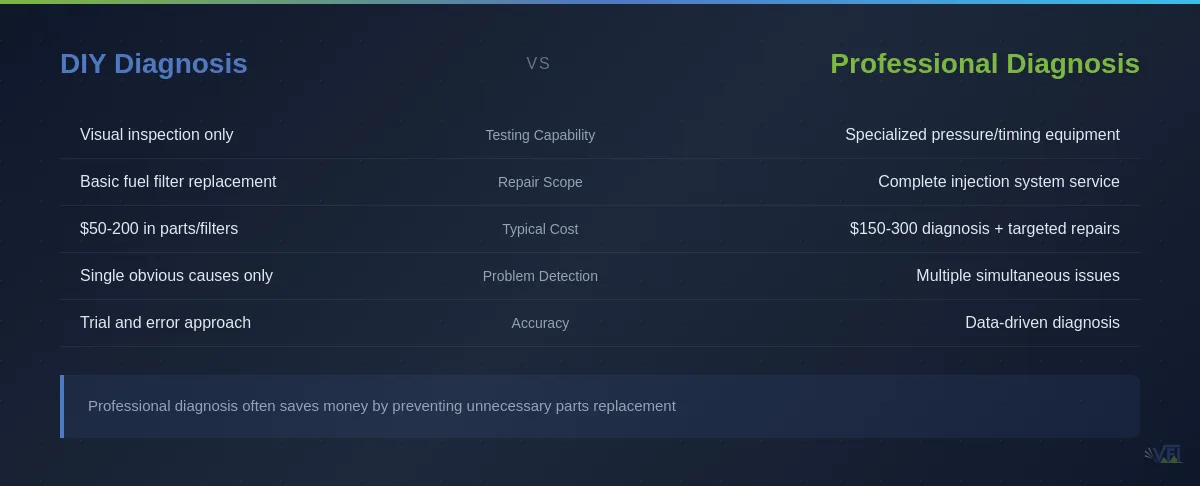 Comparison table showing the differences between DIY and professional diagnosis approaches for diesel surging problems, highlighting the advantages of professional testing equipment and expertise
