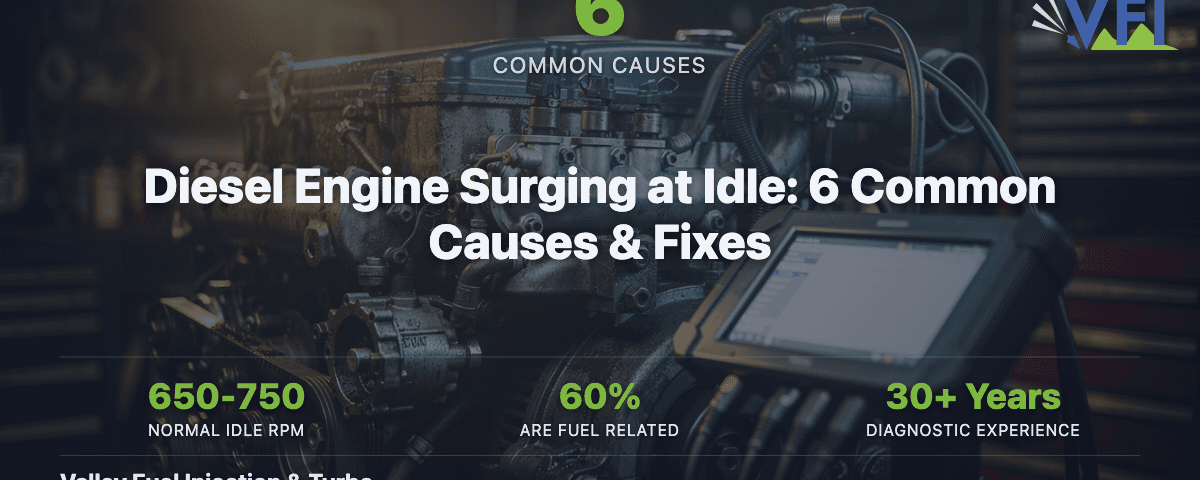 Diesel engine on test bench with diagnostic scanner — surging at idle causes and fixes guide by Valley Fuel Injection