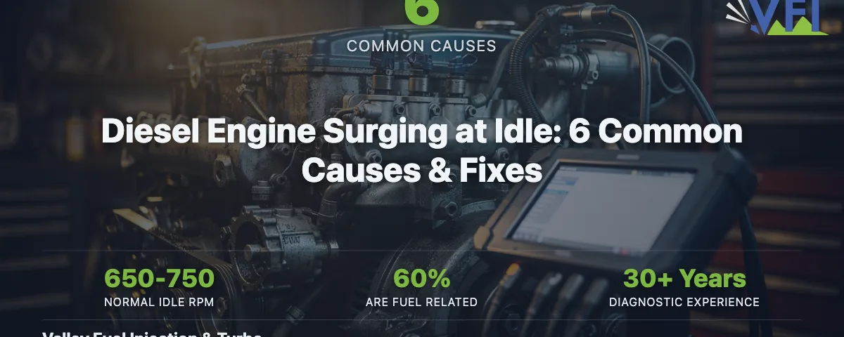 Diesel engine on test bench with diagnostic scanner — surging at idle causes and fixes guide by Valley Fuel Injection
