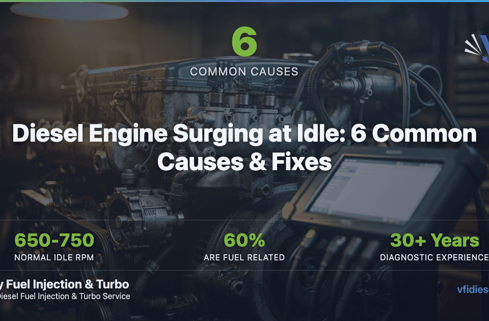 Diesel engine on test bench with diagnostic scanner — surging at idle causes and fixes guide by Valley Fuel Injection