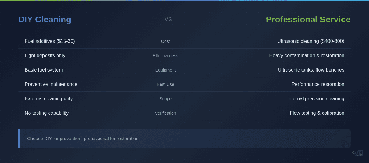 Comparison chart showing differences between DIY and professional diesel injector cleaning methods, including cost, effectiveness, equipment, and best use cases