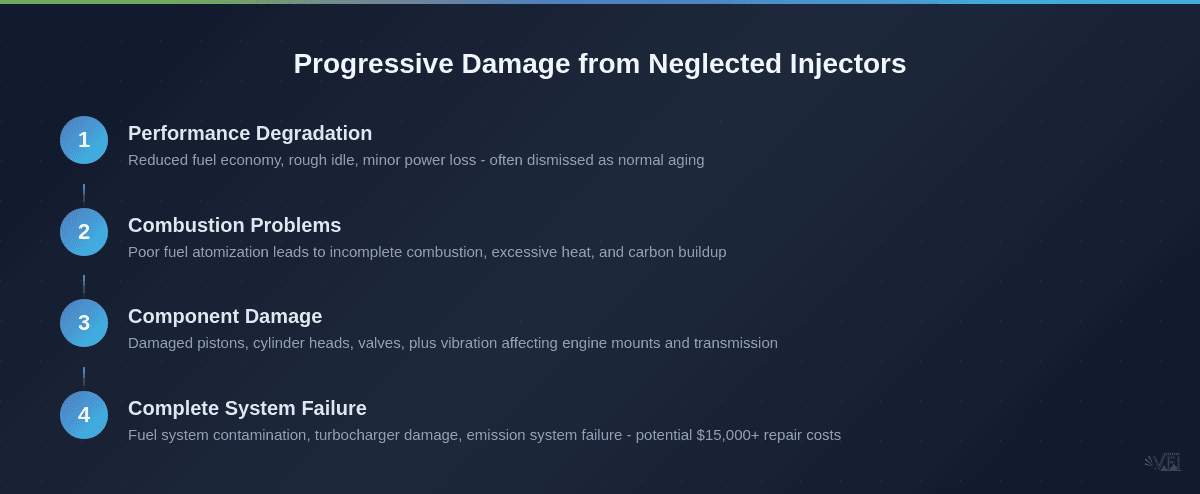 Four-stage process diagram showing how neglected diesel injectors progressively damage engines, from minor performance issues to complete system failure