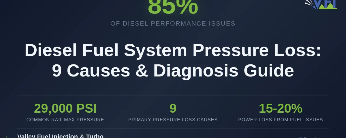 Featured infographic on diesel fuel system pressure loss — 9 causes and diagnosis guide by Valley Fuel Injection