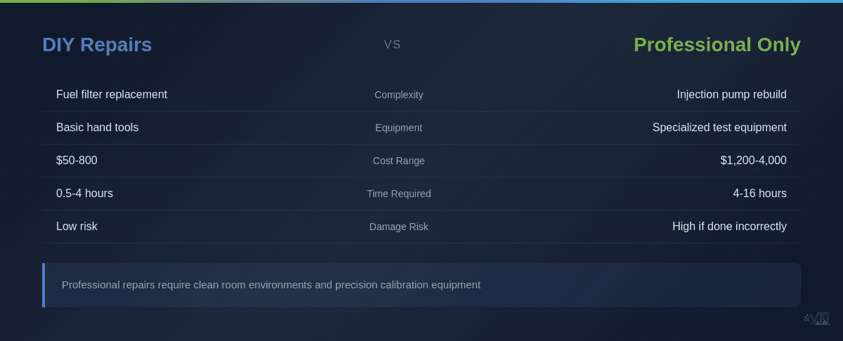 Comparison table showing differences between DIY diesel fuel system repairs versus professional-only repairs, including complexity, equipment, cost, and risk factors