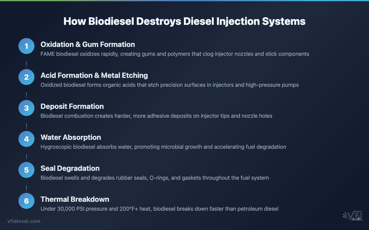 Six-step process diagram showing how biodiesel chemically damages diesel injection systems through oxidation, acid formation, deposits, water absorption, seal degradation, and thermal breakdown