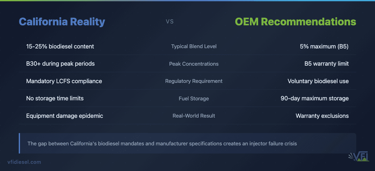 Comparison table showing the stark difference between California's high biodiesel content requirements and diesel equipment manufacturer recommendations
