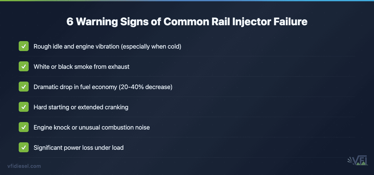 Checklist showing the six key warning signs that indicate common rail injector problems in diesel engines