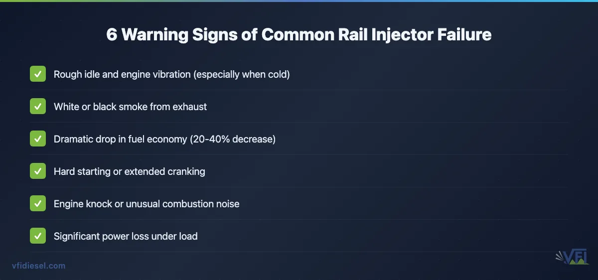 Checklist showing the six key warning signs that indicate common rail injector problems in diesel engines