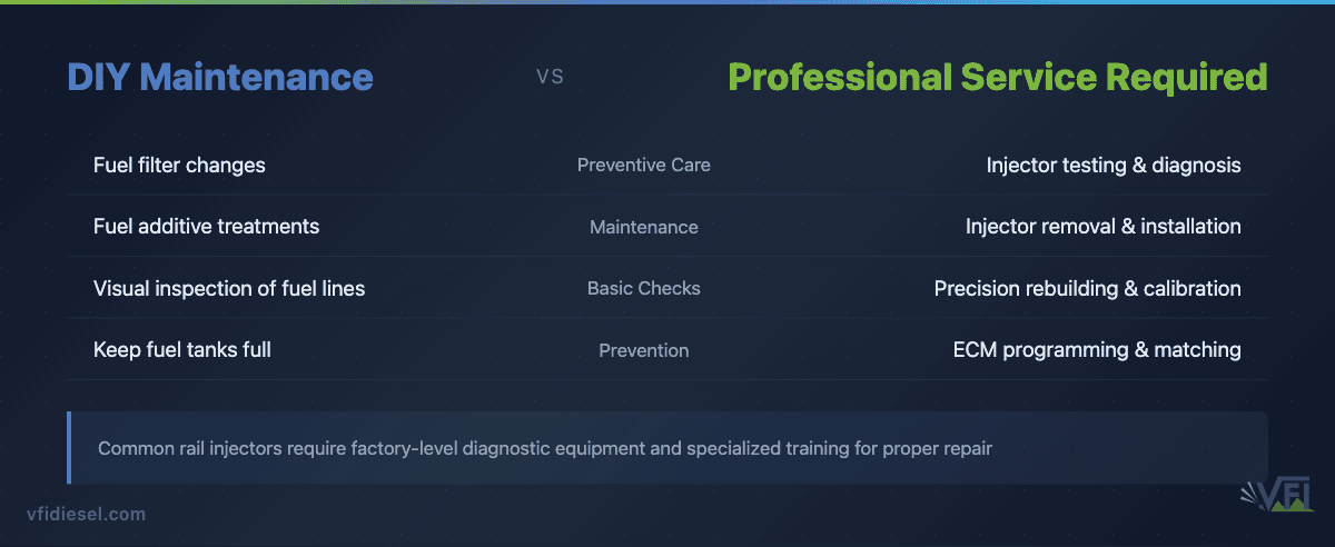 Comparison table showing what diesel owners can do themselves versus what requires professional common rail injector service