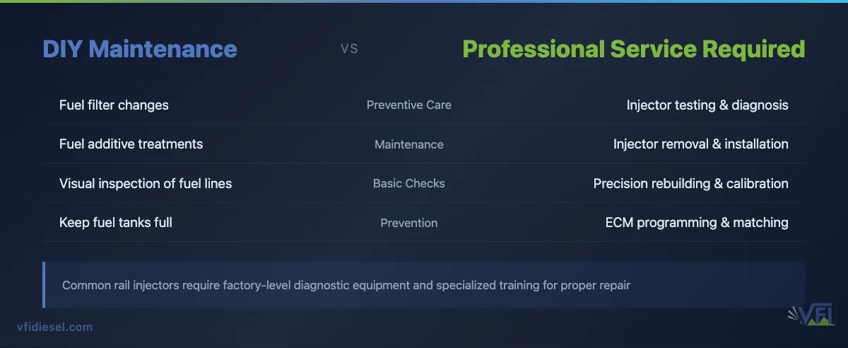 Comparison table showing what diesel owners can do themselves versus what requires professional common rail injector service