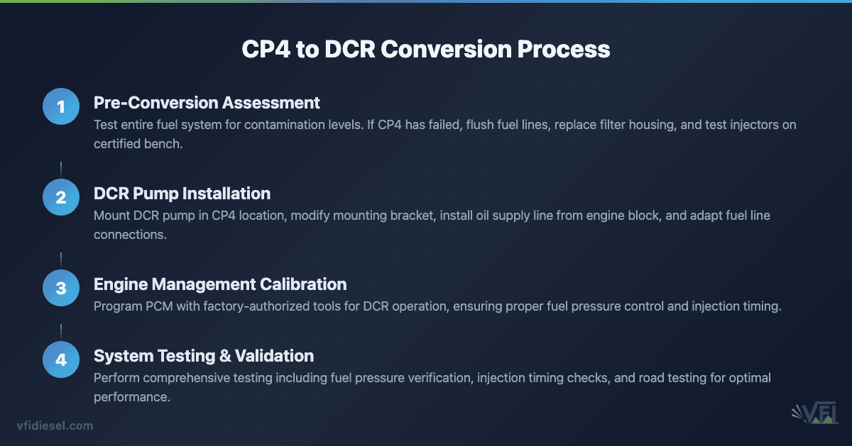 Four-step process diagram showing the complete CP4 to DCR conversion workflow from initial assessment through final validation testing
