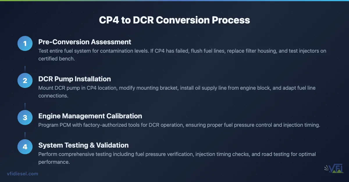 Four-step process diagram showing the complete CP4 to DCR conversion workflow from initial assessment through final validation testing
