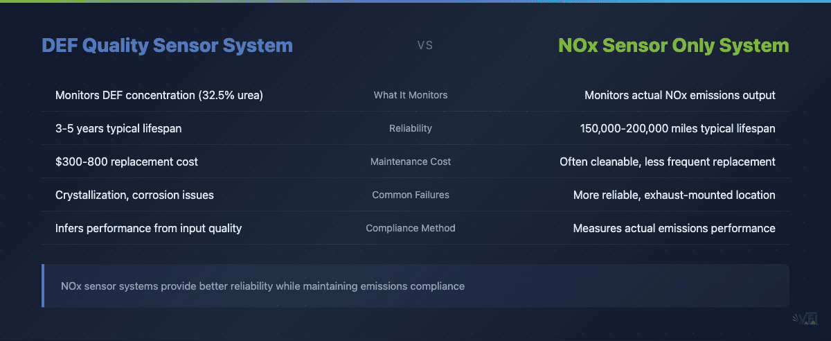 Comparison table showing differences between DEF quality sensor systems and NOx sensor only systems for diesel emissions monitoring
