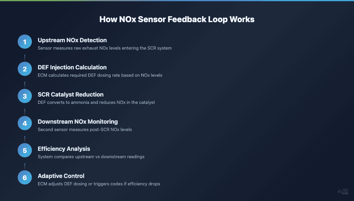 Process flow diagram showing the 6-step NOx sensor feedback loop for diesel emissions control