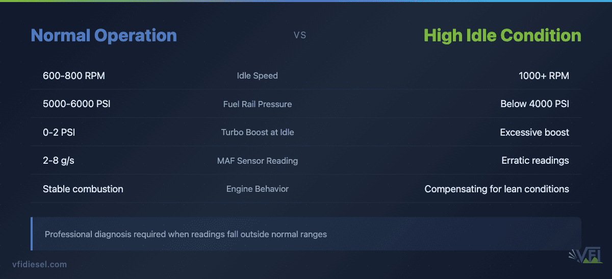 Comparison table showing normal diesel engine parameters versus high idle condition indicators