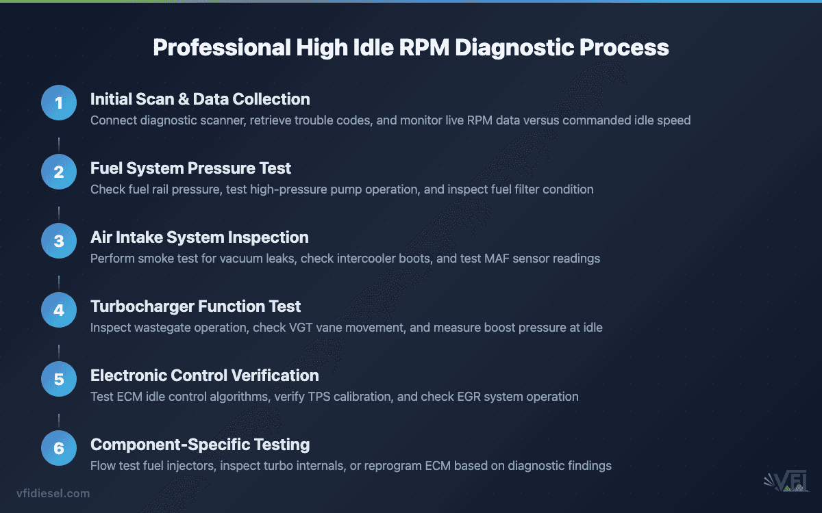 Six-step diagnostic process flowchart for troubleshooting diesel engine high idle RPM problems