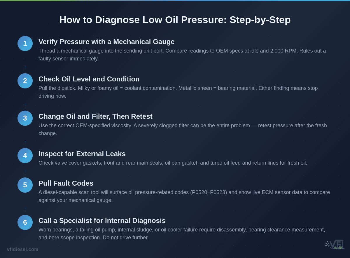 Six-step diagnostic process for diesel engine low oil pressure, from mechanical gauge verification through specialist internal inspection